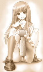 barefoot feet female footjob hime_cut loafers long_hair looking_at_viewer one_bare_foot pantyshot pov pov_feet school_uniform sepia serafuku sitting socks_removed soles toejob toes upskirt