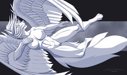 4_toes 5_fingers canine dark_guardian_corporation eyelashes feathered_wings feathers female fluffy fluffy_tail fur hair mammal midriff navel nipples pussy solo toes white_eyes white_feathers white_fur white_hair white_nipples white_nose wide_hips wings