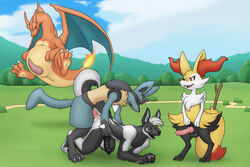 all_fours anal anal_sex animal_genitalia anthro anus balls braixen chancewolf charizard cum_from_ass digitigrade doggy_style flying from_behind_position furry genital_slit group interspecies knot landscape looking_pleasured lucario male membranous_wings naughty_face nintendo open_mouth outside penetration penis pokemon pokemon_(species) pokephilia sex sheath slit wings x03 yaoi