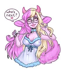 anthro babydoll bella_(octacats) bisexual breasts clothing collar eyewear female furaffinity glasses heart-shaped_pupils horn leash mammal nipple_piercing nipples pastel piercing seductive solo suggestive xenthyl