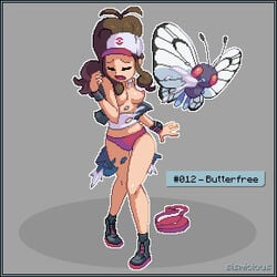 1girls ambiguous_gender antennae areolae assisted_exposure bag boots border breasts brown_hair butterfly butterfree closed_eyes denim_shorts embarrassed enf female female_only grey_background hat hilda_(pokemon) human insect laced_boots long_hair lost_clothes nintendo nipples panties pink_panties pixel_art pokemon pokemon_bw pokemon_rgby pokephilia ponytail shirt shoes shorts simple_background sismicious standing text tied_hair torn_clothes torn_pants underwear wings