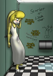 bathroom blonde_hair blue_eyes blush chahiro clothed clothing crossdressing dress erection footwear fur graffiti hair lagomorph male mammal penis rabbit shoes solo terdburgler text yellow_fur