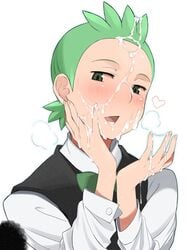 1boy agemono blush cilan_(pokemon) clothed cum cum_in_mouth cum_on_face cum_on_fingers facial green_eyes green_hair heart human looking_at_viewer male male_only open_mouth pokemon pokemon_bw short_hair smile solo steam tagme white_background yaoi