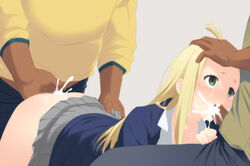 1girls 2boys akage blonde_hair blush censored cum cum_in_mouth dark-skinned_male dark_skin fellatio female green_eyes hand_on_head interracial long_hair looking_up male multiple_boys oral pleated_skirt sex skirt spitroast tears thigh_grab threesome