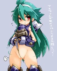 ass_visible_through_thighs between_labia blush character_request clothing eyebrows eyebrows_visible_through_hair female hair_ornament innie_pussy karukan_(monjya) long_hair pussy shinrabanshou shiny shiny_hair simple_background solo teal_hair text translation_request wedgie