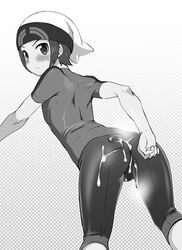 1boy agemono ass back blush brendan_(pokemon) bulge clothed cum cum_on_ass cum_on_body hat human looking_at_viewer looking_back male male_only monochrome pokemon shirt solo steam sweat yaoi