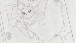 1girls anthro anthrofied areolae canine door eeveelution female flat_chest furry infamousrel jolteon leaning leg_up looking_at_viewer monochrome navel nintendo nipples nude pokemon pokemon_(species) pose pussy sign small_breasts solo spread_legs video_games