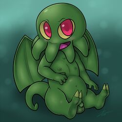 1boy 2016 anthro balls cthulhu cthulhu_mythos h.p._lovecraft looking_at_viewer male male_only monster nipples nude penis simple_background solo tentacle wings zekromlover