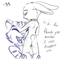 2016 anthro ass bb bedroom_eyes black_and_white blue_and_white closed_eyes cum cum_in_mouth cum_inside dialogue disney duo english_text fan_character feline fur half-closed_eyes happy happy_sex lagomorph male mammal monochrome naughty_face oral rabbit rough_sketch seductive sex simple_background size_difference sketch smaller_male smiles_(bb) teeth text tiger white_background zootopia