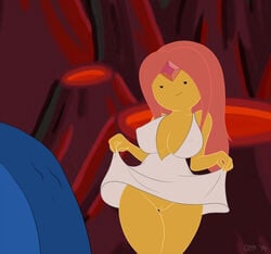 2014 adventure_time big_breasts breasts cartoon_network cinnamon_bun cleavage clothed clothing exposing female flame_princess gown male nipples pussy quasi99