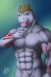 1boy anthro big_penis fangs flaccid licking looking_at_viewer machoke male nameless00 nintendo nipples nude open_mouth penis pokemon pokemon_(species) red_eyes saliva solo standing text tongue tongue_out yaoi