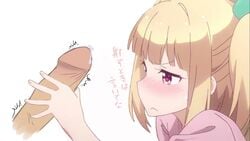 1boy 1girls blonde_hair blush clothing female handjob human iijima_yun male new_game! penis red_eyes text translation_request