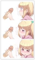 >_< 1boy blonde_hair blush clothing comic cum facial female handjob iijima_yun new_game! penis red_eyes translation_request