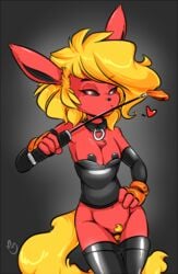 <3 1girls 2016 anthro armpits black_nipples black_pussy black_sclera blonde_hair breasts canine cinnamon_swirl clothed clothing collar dominatrix duckdraw eeveelution elbow_gloves female female_focus female_only fingerless_gloves flareon fur furry furry_only gloves hair heart legwear looking_at_viewer nintendo nipples original original_character pokémon_(species) pokemon pokemorph pubic_hair pussy riding_crop simple_background solo standing stockings tail thigh_highs video_games whip