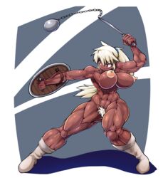 abs areolae blonde_hair boots bouncing_breasts breasts female full_body large_breasts long_hair long_ponytail mocoack muscles muscular_female nipples nude ponytail red_eyes shield solo standing tied_hair weapon