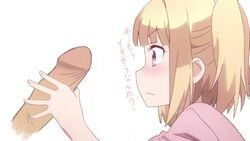 1boy 1girls blonde_hair blush clothing female handjob human iijima_yun male new_game! penis red_eyes text translation_request