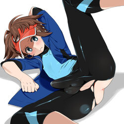 1boy agemono anus ass balls blue_eyes blush brown_hair bulge calves clothed crotch erection femboy hat human latex latex_legwear legs looking_at_viewer lying male male_only nate_(pokemon) penis pokemon rubber seductive_pose short_hair solo spread_legs taint teenager testicles thighs tight_clothing torn_clothes twink wetsuit white_background younger_male