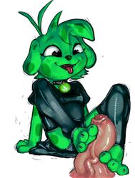 akunim anthro blue's_clues canine clothed clothing color colored cub feet female female_focus foot_fetish footjob furry furry_female green_fur green_puppy_(blue's_clues) human human_male human_penis humanoid_penis interspecies legwear male mammal nick_jr nickelodeon nickjr penis sitting stockings tongue tongue_out white_background young