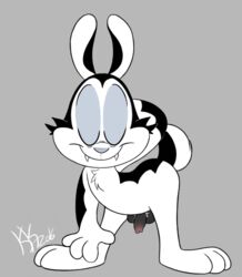 2016 animal_genitalia animal_penis balls big_ears bunnicula bunnicula_(character) closed_eyes fangs kippykat lagomorph male male_only mammal penis rabbit simple_background smile solo vampire