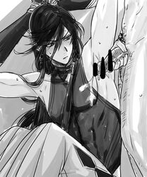 armpit bishonen body_hair bondage censored cum ejaculation erection hands_above_head izuminokami_kanesada long_hair long_hair_male male_only monochrome penis restrained sweat touken_ranbu very_long_hair yaoi