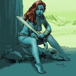 1girls 2022 artist_name blue_skin breasts dixonlyrax female female_only holding_weapon large_breasts long_hair looking_at_viewer nipples original original_character outdoor_nudity outdoors practically_nude red_hair sitting solo solo_female sword topless