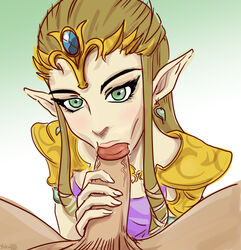 1boy 1girls :>= artist_name bimbo bishopbb blush brown_hair cock_worship earrings fellatio female gradient_background green_eyes looking_at_viewer penis pointy_ears pov pov_eye_contact princess_zelda the_legend_of_zelda tiara twilight_princess twin_braids uncensored zelda_(twilight_princess)