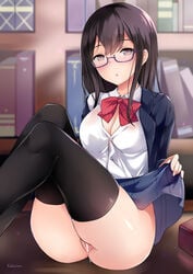 bar_censor black_hair black_legwear breasts censored cleavage female glasses hair kaetzchen long_hair no_panties original school_uniform semi-rimless_glasses solo thighhighs