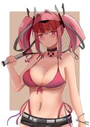 1girls azur_lane big_breasts bikini bikini_bottom bikini_only bikini_top bremerton_(azur_lane) eyebrows_visible_through_hair female huge_breasts large_breasts mole mole_on_breast pink_eyebrows pink_eyes pink_eyes_female pink_hair pink_hair_female side-tie_bikinichoker string_bikini swimsuit swimwear tennis twintails twintails_(hairstyle) whin