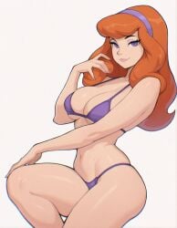 2d 2d_(artwork) big_breasts bikini breasts curvy daphne_blake female hairband long_hair looking_at_viewer mewmirth orange_hair purple_bikini purple_eyes purple_hairband scooby-doo solo swimsuit thick_thighs white_background