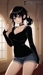 1girls ai_generated arm_at_side ashley_graves big_breasts black_choker black_hair black_shirt blurry blurry_background bra bra_strap breasts bright_pupils choker cleavage closed_mouth collarbone contrapposto cowboy_shot denim denim_shorts female female_only grey_shorts hand_up indoors large_breasts light-skinned_female light_skin long_sleeves looking_at_viewer mykibuu pink_eyes ponytail shirt short_ponytail short_shorts shorts sidelocks sleeves_past_wrists smile solo standing the_coffin_of_andy_and_leyley thighs white_pupils window
