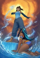 2girls ai_generated avatar_legends barefoot clothing dark_skinned_female female female_only foot_focus from_below kneeling korra looking_down nessa_(pokemon) pokemon the_legend_of_korra throne waterbending worshiping