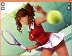 accidental_exposure black_female female female_only huniepop lola_rembrite panties pantyshot short_skirt sport sportswear tennis tennis_ball tennis_racket tennis_uniform upskirt