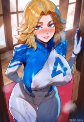 1girl ai_generated bent_over blonde_hair blue_eyes blush bodysuit breasts covered_nipples female invisible_woman invisible_woman_(marvel_rivals) leaning_forward looking_at_viewer marvel marvel_comics marvel_rivals meiogun multicolored_clothes see-through smile solo sue_storm tagme