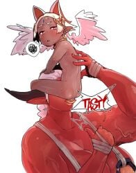 1boy blonde_hair colored_skin dark-skinned_male dark_skin english_text fellatio female gen'en_(sioherashi) head_wings height_difference lifting_person long_pointy_ears looking_at_viewer muscular muscular_female nipples oral original otoko_no_ko pointy_ears red_eyes red_skin size_difference spoken_squiggle squiggle straight sweat white_hair wings