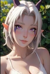 1girls ai_generated blush cleavage elf elf_ears facial_markings female horns looking_at_viewer rayla_(the_dragon_prince) smile solo solo_female solo_focus straps the_dragon_prince violet_eyes white_hair