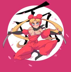 1girls accidental_exposure big_breasts bigdeadalive bishoujo_senshi_sailor_moon blonde_hair blue_eyes breasts breasts_out clothing erect_nipples exposed_breasts female female_only fishnet fishnet_bodysuit hair_bun jumping kunoichi long_hair ninja nipples no_bra no_underwear pigtails simple_background small_breasts solo sword tanto tied_hair twintails usagi_tsukino wardrobe_malfunction weapon