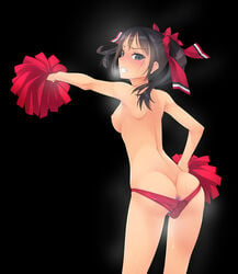 1girl 1girls anal ass black_hair blank_background blue_eyes censored cheerleader clenched_teeth crying crying_with_eyes_open dildo double_penetration eyebrows eyebrows_visible_through_hair female female_focus female_only female_penetrated from_behind from_behind_view hair_ribbon human human_only mostly_nude mostly_nude_female murakami_suigun nipples panties panty_pull pom_pom_(cheerleading) pom_poms pose pussy_juice red_panties red_ribbon solo sweat sweaty sweaty_body topless