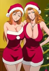 2girls accurate_art_style adapted_costume adult_and_teenager age_difference ai_generated alternate_costume anime_style arms_behind_back ass asymmetrical_docking beauty_mark big_ass big_breasts bleach blue_eyes breast_docking breast_press breast_size_difference breasts breasts_bigger_than_head busty canonanime chain_necklace chains christmas christmas_tree cleavage closed_eyes clothing curvaceous curvy curvy_body curvy_female curvy_figure docking dress female female/female female_focus female_only front_view fur_trim hand_on_hip high_resolution holidays hourglass_figure hourglass_figured_female huge_breasts inoue_orihime jewelry large_breasts legs_together long_hair looking_at_viewer matsumoto_rangiku mole mole_under_mouth multiple_girls necklace no_bra no_bra_under_clothes older_female_and_younger_female oppai orange_hair parted_bangs pinup pose posing posing_for_the_viewer revealing_clothes santa_costume santa_dress santa_hat shounen_jump skimpy skimpy_clothes slim_waist smile smiling smiling_at_viewer strapless strapless_dress swept_bangs take_your_pick thick_thighs thighs top_heavy top_heavy_breasts very_long_hair voluptuous voluptuous_body voluptuous_female weekly_shonen_jump white_fur white_skin wide_hips