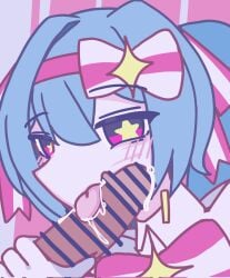 1boy 1girls bar_censor big_penis blowjob blue_hair censored cum female female_focus hair_ornament hatsune_miku licking_penis light_skin magical_girl male mv_character oral penis request retry_now_(vocaloid) star-shaped_pupils vocaloid voifoooork