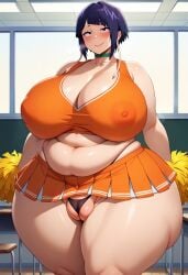 ai ai_generated bbw chubby_belly gigantic_thighs huge_breasts kyoka_jiro midriff my_hero_academia nipple_bulge pleated_skirt plump_labia pom_poms pussy_floss u.a._cheerleader_outfit