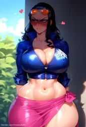 ai_generated arms_behind_back black_hair blue_eyes blush breasts busty cleavage commission eyewear_on_head female heart long_hair looking_at_viewer midriff navel nico_robin one_piece patreon patreon_url patreon_username sinderellaart skirt solo sunglasses sweat thick thighs voluptuous