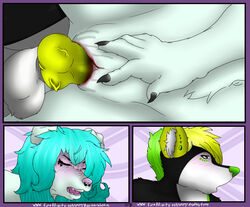 2016 all_fours anthro blood blush breasts canine claws closed_eyes collaboration deathlyfurry doggy_style duo fan_character female from_behind_position furaffinity_username hair hi_res knot mammal ocean_moberg penis pussy sex virginity_loss wolf xeno