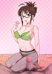 1boy akizuki_ritsuko antenna_hair bangs big_breasts black-framed_eyewear blush bow bow_bra bow_panties bra breasts brown_eyes brown_hair cleavage condom earrings erection female folded_ponytail glasses green_bra green_panties hair_ornament heart heart_print highres holding holding_condom idolmaster idolmaster_cinderella_girls jewelry kneeling large_breasts long_hair looking_at_viewer male_pubic_hair minpei_ichigo navel necklace open_mouth panties panties_under_pantyhose pantyhose penis pov print_legwear pubic_hair see-through semi-rimless_eyewear small_penis spread_legs stud_earrings sweatdrop under-rim_eyewear underwear underwear_only