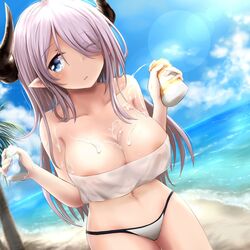 areola_slip areolae ashfair beach bikini blue_eyes breasts cleavage collarbone cow_girl cow_horns doraf female female_only granblue_fantasy hair_over_one_eye horns large_breasts long_hair lotion narmaya_(granblue_fantasy) nature navel nipples ocean one_eye_closed outdoors pointy_ears purple_hair see-through sexually_suggestive solo standing summer swimsuit wince