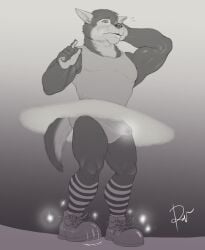 abs animate_inanimate anthro ballerina ballet blush bodily_fluids bottomwear briefs bulge canid canine canis clothed clothing crisp_the_wolf crossdressing cum_stain cursed_object dancewear detailed_bulge dripping embarrassed erection erection_under_clothing femboy feminization footwear forced forced_erection forced_feminization genital_fluids genital_outline genitals hi_res humiliation humiliation_fetish legwear leotard magic male mammal muscular muscular_anthro pattern_clothing pattern_legwear pecs penis penis_outline precum precum_drip precum_through_clothing rov shoes simple_background skirt solo stained_underwear striped_clothing striped_legwear stripes tutu underwear wet wet_clothing wolf