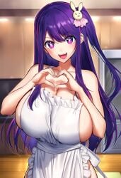 1girls ai_generated apron apron_only big_breasts breasts brutoaimage female female_only heart_hands hoshino_ai idol light-skinned_female light_skin oshi_no_ko purple_eyes purple_hair