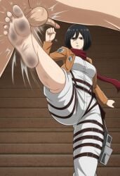 1boy ai_generated attack_on_titan ballbusting dirty_feet feet female foot_fetish kick kicking kicking_balls male mikasa_ackerman nude stable_diffusion