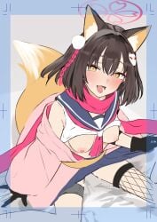 :d animal_ears ariyoshi_gen blue_archive breasts brown_hair female fishnet_thighhighs fishnets fox_ears fox_girl fox_tail grey_background hair_ornament halo highres izuna_(blue_archive) jacket medium_breasts neckerchief ninja nipples no_bra oerba_yun_fang open_mouth pink_jacket pink_neckerchief pink_scarf pleated_skirt purple_skirt scarf school_uniform serafuku simple_background single_thighhigh skin_fang skirt smile solo suggestive_fluid tail thighhighs yellow_eyes