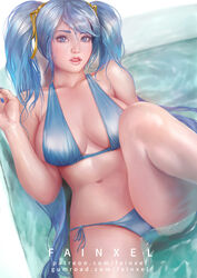 1girls big_breasts bikini blue_eyes blue_hair breasts cleavage fainxel female female_only league_of_legends leg_up light_skin looking_at_viewer lying_on_back parted_lips pool ribbons solo sona_buvelle twintails water