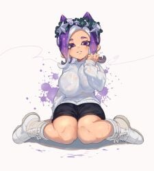 big_breasts bra cat_ears jinkoika legs_apart looking_at_viewer octoling octoling_girl purple_eyes purple_hair see-through_clothing shiny_clothes sitting splatoon wreath